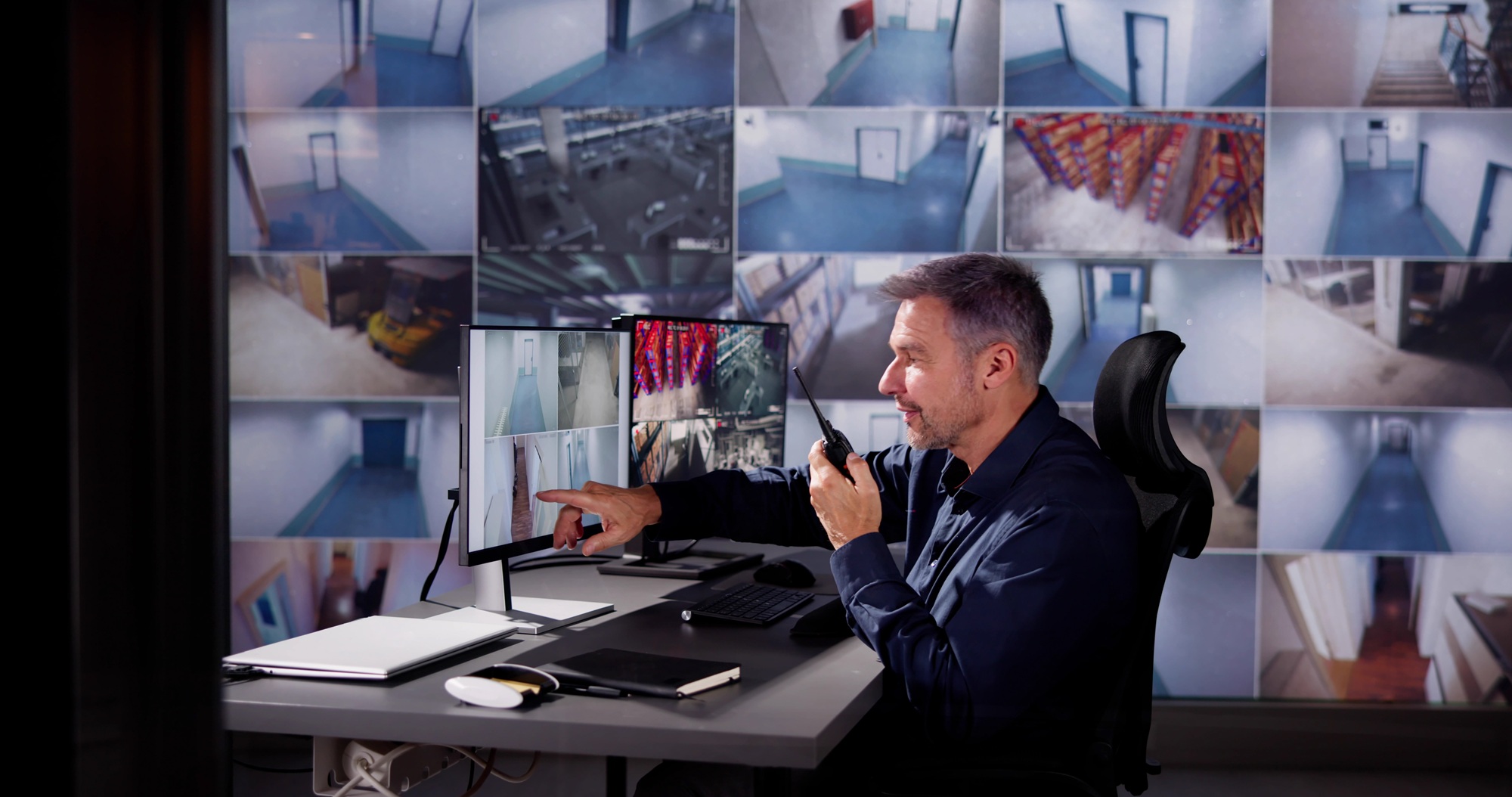 The Security Guard Monitors the CCTV System
